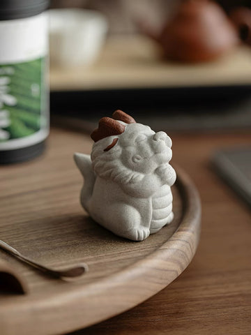 Terasilk Handmade Yixing Tea Pet | "Joyful Dragon" Praying Companion | Two-Tone Speckled Clay