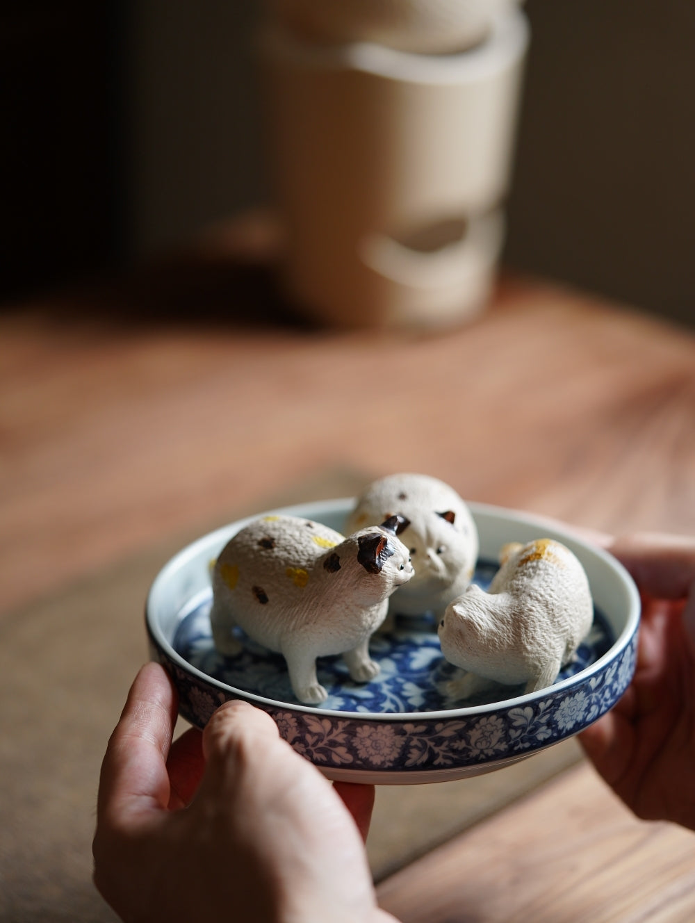 The tea party features adorable cats; every moment is filled with tenderness🐱   Handmade purple clay toy cat as a tea pet